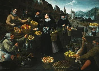 Una alegoría del otoño: un puesto de frutas y verduras sobre el Weinmarkt en Frankfurt