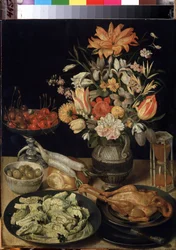 ""Bodegón con flores, pollo, reloj de arena, aceitunas, cerezas y repollo"" (Bodegón con flores y merienda) Pintura de Georg Flegel (1566-1638) 1630-1635 Dim. 52,5x41 cm Museo del Hermitage, San Petersburgo
