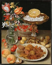 Bodegón con postre y ramo (pintura)