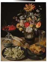 Bodegón con flores y alimentos
