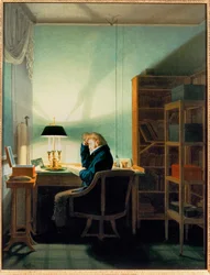 Hombre leyendo bajo la luz de la lámpara (pintura sobre lienzo)