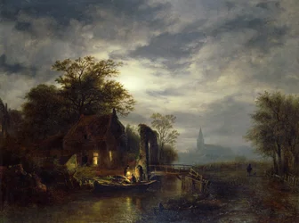 Escena de río a la luz de la luna con figuras descargando un bote