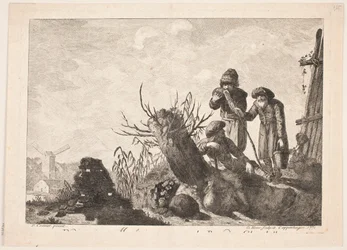 Tres campesinos en un paisaje