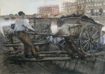 Trabajadores tirando de un carro cargado en Jacob van Lennepkade, Ámsterdam, 1900