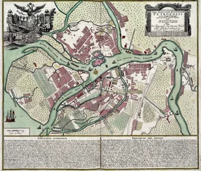 Mapa de San Petersburgo (Rusia) - Obra de Matthaeus Seutter (1678-1757), grabado y acuarela