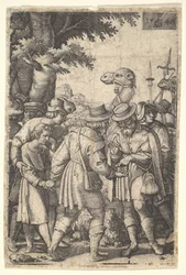 José vendido a los mercaderes: un hombre barbudo agarrando a José con su mano izquierda recibe co..., 1546
