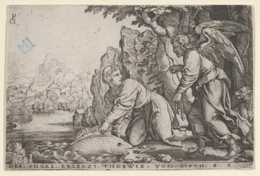 Tobiolus atrapa el pez, de La historia de Tobías, 1543