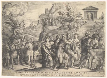Triunfo del amor: cuatro caballos tiran de un carruaje con Cupido de pie sobre una plataforma humeante, ca. 1539