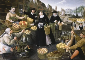 Una alegoría del otoño: un puesto de frutas y verduras sobre el Weinmarkt de Fráncfort del Meno