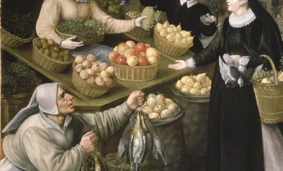 Una alegoría del otoño: un puesto de frutas y verduras sobre el Weinmarkt de Fráncfort del Meno