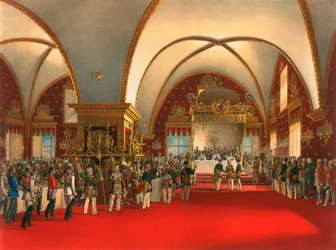 Banquete de coronación en el salón del Palacio de las Facetas del Kremlin de Moscú, 1856.