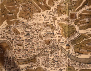 Ciudad de Roma, placa de mapa, detalle de Civitates orbis terrarum, Ciudades del Mundo, por Georg Braun y Franz Hogenberg, grabado, Italia