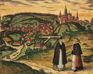 República Checa, Praga, Vista de la ciudad con la ciudadela al fondo, grabado en color de Civitates Orbis Terrarum por Georg Braun (1541-1622) y Franz Hogenberg (1535-1590)