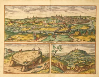 Dolmen cerca de Poitiers y ciudad de Poitiers y Montherre de Civitates Orbis Terrarum por Georg Braun