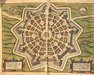 Italia, Palmanova, mapa, grabado de Civitates Orbis Terrarum por Georg Braun y Franz Hogenberg