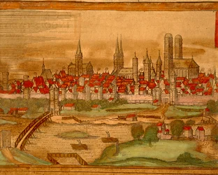 Mapa de la ciudad de Múnich de Civitates Orbis Terrarum por Georg Braun