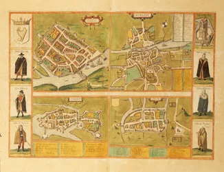 Mapa de Galway, Dublín, Limerick y Cork del Civitates Orbis Terrarum de Georg Braun