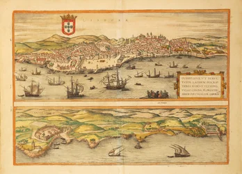 Mapa de Lisboa y Cascais de Civitates Orbis Terrarum por Georg Braun