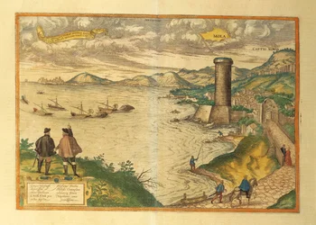 Mapa de Mola di Bari, región de Apulia del Civitates Orbis Terrarum de Georg Braun