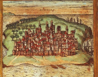 Mapa de Mombasa, Kenia, de Civitates Orbis Terrarum por Georg Braun y Franz Hogenberg, grabado