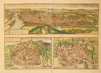Mapa de Rouen, Nimes y Burdeos de Civitates Orbis Terrarum por Georg Braun