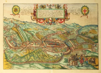 Mapa de Serravalle Scrivia, región de Piamonte de Civitates Orbis Terrarum por Georg Braun