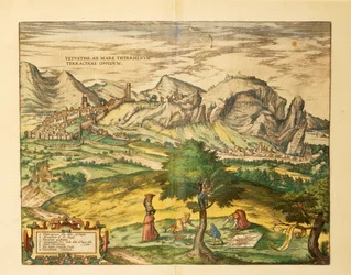 Mapa de Terracina, región de Lazio de Civitates Orbis Terrarum por Georg Braun