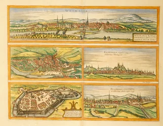 Mapa de Weimar, Jena, Erfurt, Gotha y Fulda del Civitates Orbis Terrarum de Georg Braun
