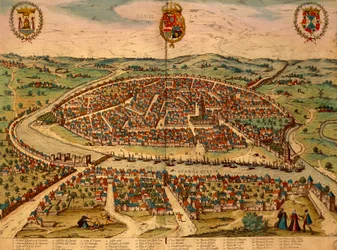 España, Sevilla, vista de la ciudad, grabado en color de Civitates Orbis Terrarum por Georg Braun y Franz Hogenberg