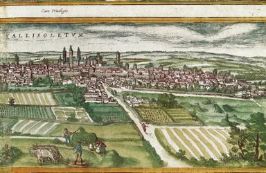 Terreno agrícola cerca de Valladolid, en Civitatis Orbis Terrarum, por Franz Hogenberg (1535-1590)