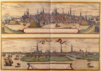 Vista superior de la ciudad de Lübeck, abajo la ciudad de Hamburgo en Alemania. Grabado del Atlas de "Braun y Hogenberg" 1572