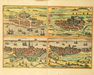 Helsingborg, Lund, Malmö, Elbogen y Landskrona, de Civitates Orbis Terrarum, Colonia