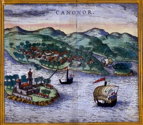Vista de Canonor (o Cannanore) en India de una edición de “Civitates Orbis Terrarum” de Braun y Hogenberg