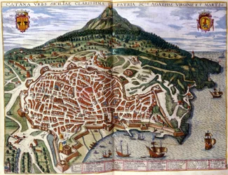 Vista de Catania y el Etna en Sicilia. Atlas de Braun & Hogenberg. 1585, Ámsterdam.