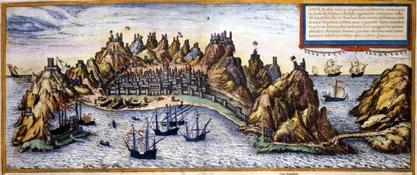 Vista de la ciudad de Adén en Yemen del Atlas "Civitates Orbis Terrarum" de Braun & Hogenberg