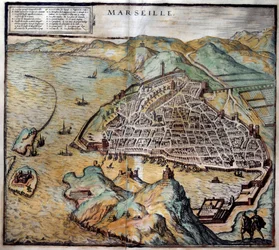 Vista de la ciudad de Marsella con mapa de calles (grabado del Atlas de Braun y Hogenberg)