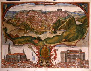 Vista de la ciudad de Toledo en el siglo XVI. Grabado de George Braun en Civitatis Orbis Terrarum Volumen I escrito por Franz Hogenberg (1535-1590)