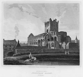 Vista sureste de la Abadía de Jedburgh, Roxburgshire