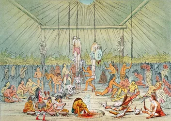 Ceremonia de Mandan (litografía en color)