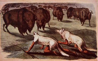 Indios de las llanuras norteamericanas se acercan a los búfalos mientras usan pieles de lobo, c.1840 (litografía en color)