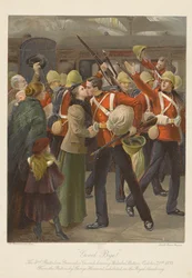 ¡Adiós! El 3er Batallón de la Guardia de Granaderos saliendo de la estación de Waterloo, 21 de octubre de 1899 (cromolito)