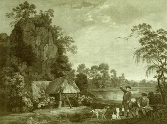 Dos caballeros yendo a cazar, con una vista de Creswell Crags, tomada en el lugar, placa 1