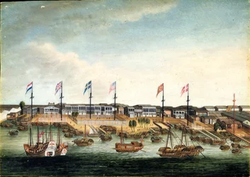 Los Hongos en Cantón, antes de 1820 (óleo sobre marfil)