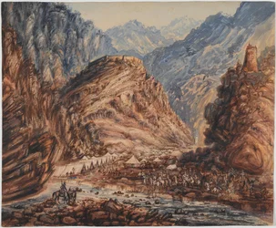 Fuerte de Ali Musjeed, Campamento del Paso de Khyber de la 4ª Brigada de la Fuerza del Mayor General Pollocks, abril de 1842 (acuarela)