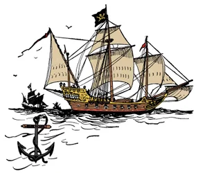 Un barco pirata frente a la Isla Tortuga en el Mar Caribe. Ilustración de “El libro de los piratas y los grandes corsarios” de George Albert Williams (1875-1932) 1900
