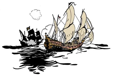 Piratas se acercan a un barco. Ilustración de “El libro de los piratas y los grandes corsarios” de George Albert Williams (1875-1932) 1900