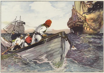 Remando a una distancia segura, los piratas se detuvieron y con un deleite diabólico observaron las llamas saltar