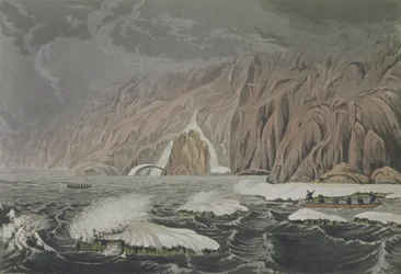 Expedición doblando el Cabo Barrow, 25 de julio de 1821, de Narrativa de un viaje a las orillas del mar polar en los años 1819-22 por Sir John Franklin (1786-1847) grabado por Edward Finden (1791-1857)