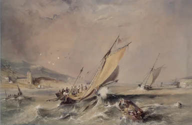 Escena costera: barcos en la entrada de un puerto