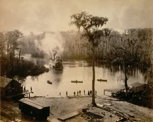 Barco de ruedas llegando a Silver Springs, Florida, después de una noche de viaje por el St. John, 1886
